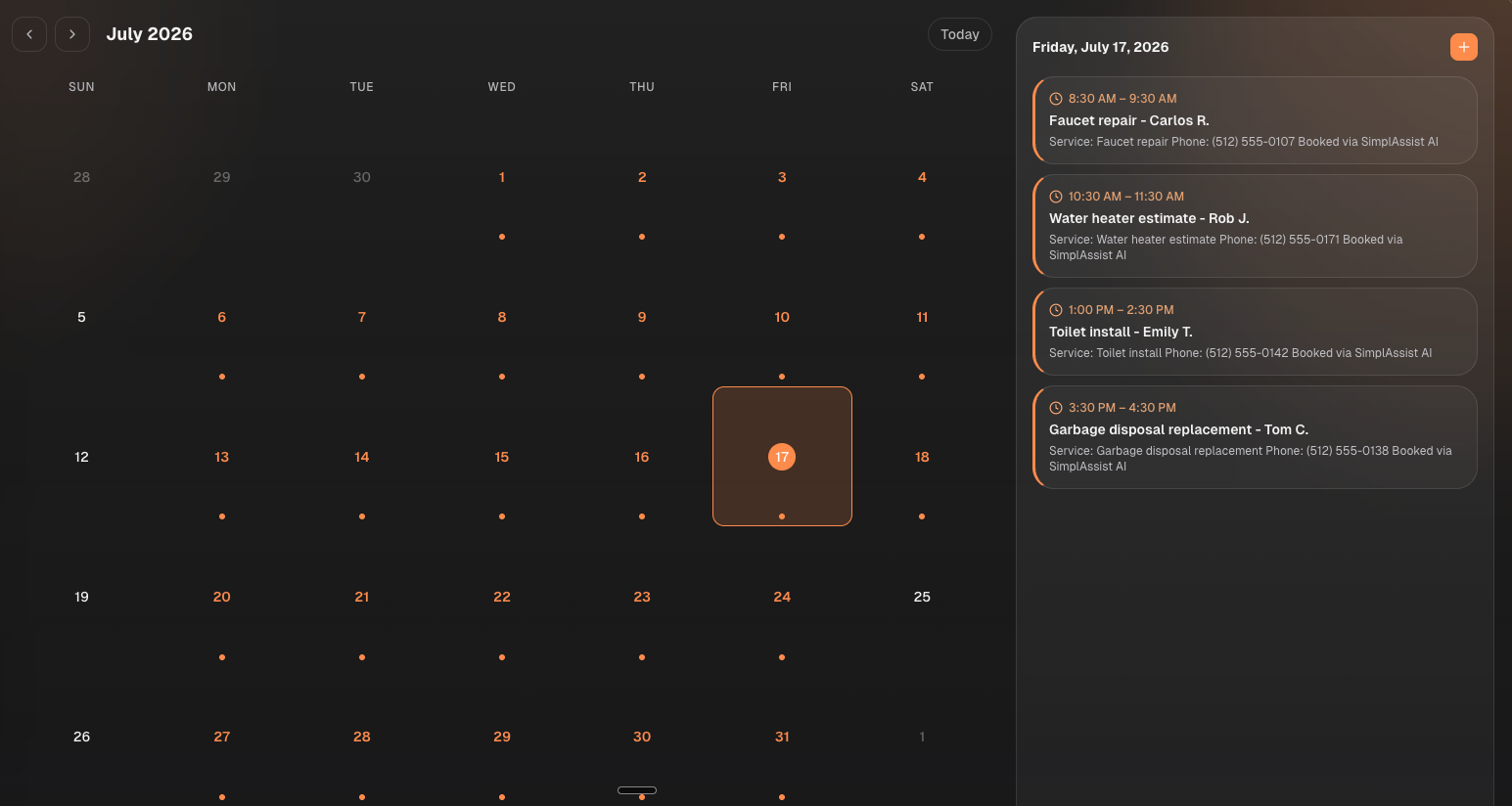 SimplAssist calendar — a month full of AI-booked appointments