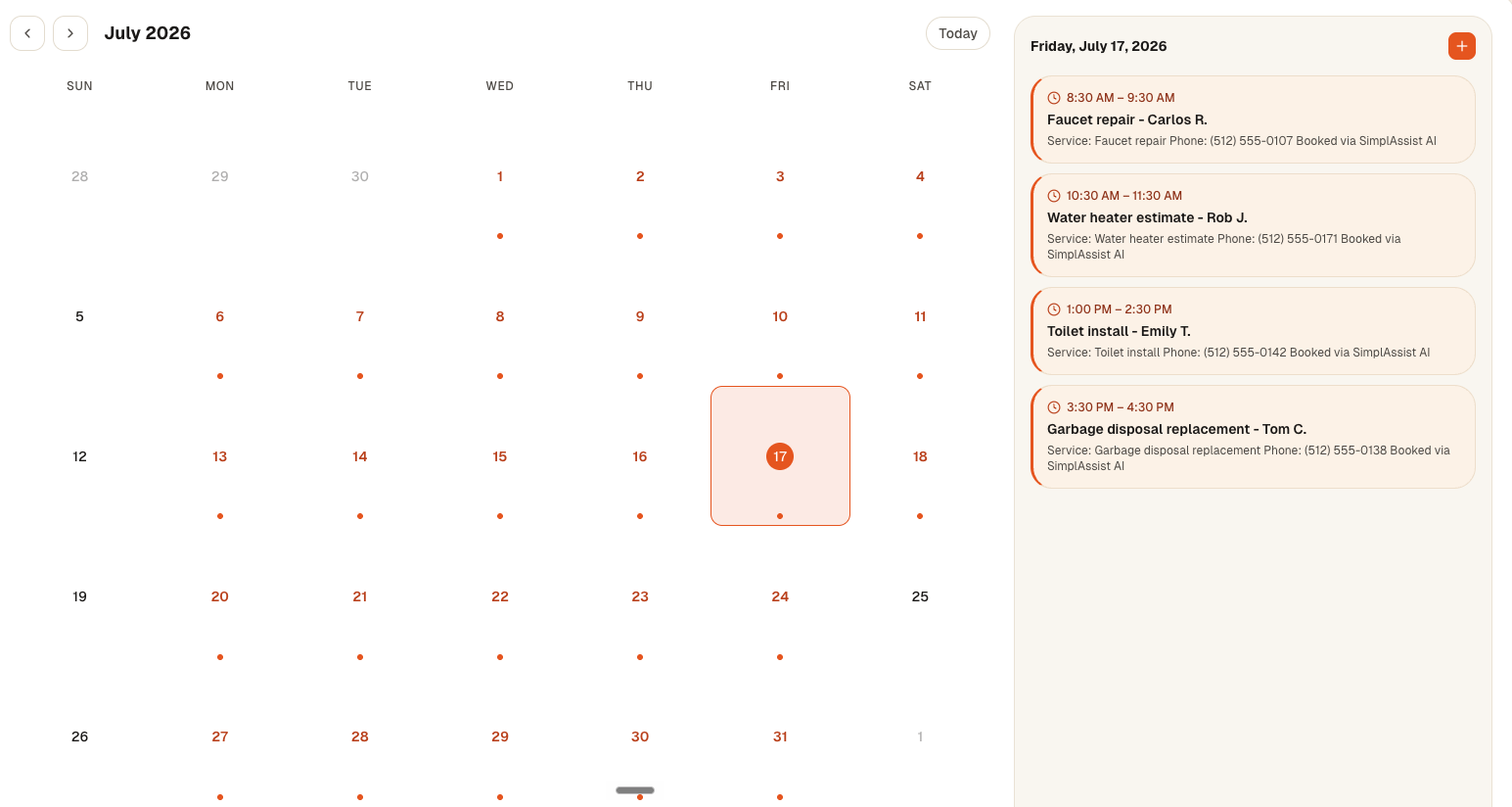 SimplAssist calendar — a month full of AI-booked appointments