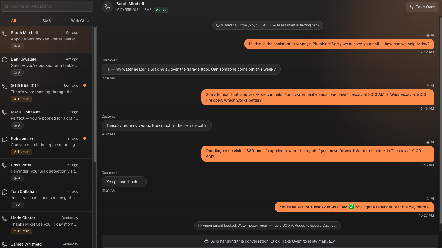 SimplAssist conversations inbox — a missed call turned into a booked water heater repair