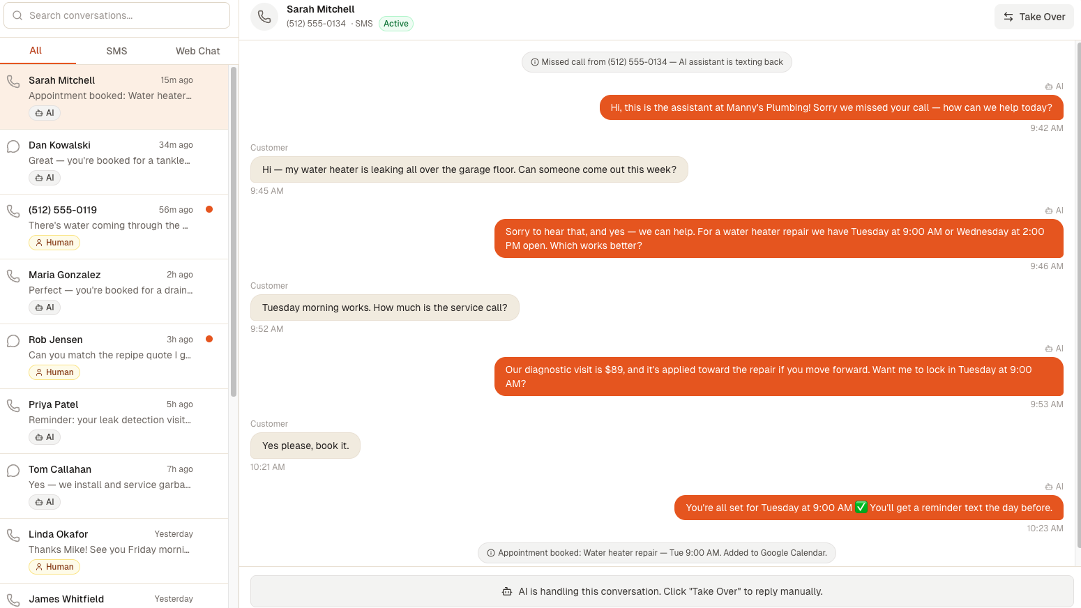 SimplAssist conversations inbox — a missed call turned into a booked water heater repair